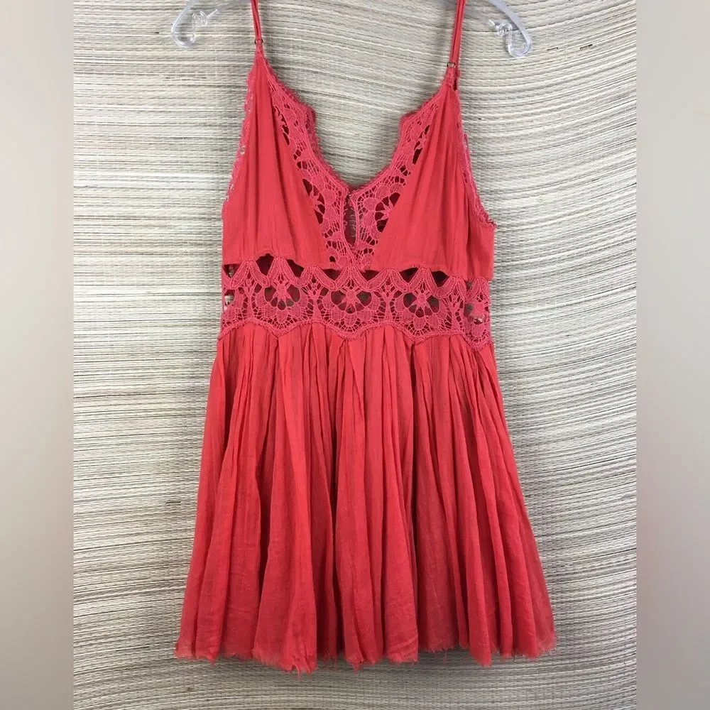 FREE PEOPLE Red-Orange Ilektra Mini Dress Cotton